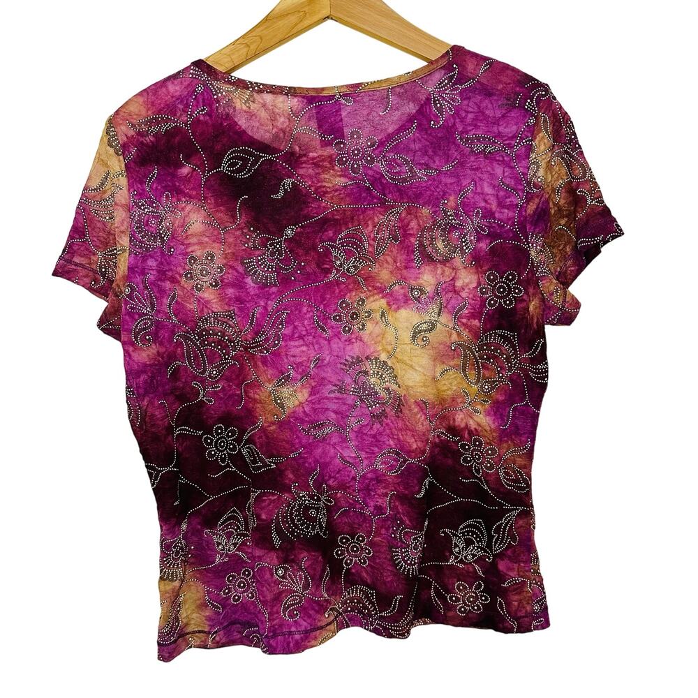 Beliza Y2K Mesh Sheer Embellished Floral Purple Pink Tie Dye Top Size L - Picture 2 of 6